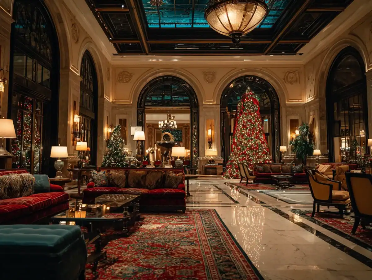Luxury hotel lobby Christmas decorated