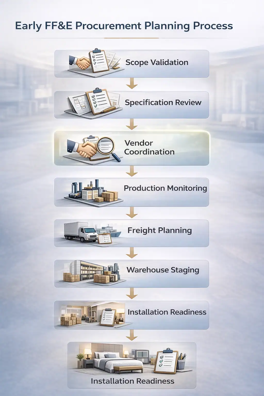 early FF&E procurement planning process aligning vendors production freight and installation in hospitality projects
