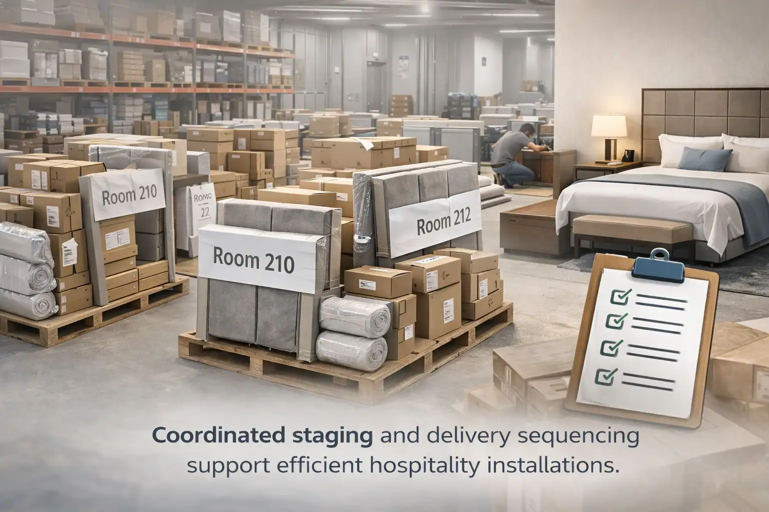hotel room FF&E installation supported by coordinated warehouse staging and delivery sequencing