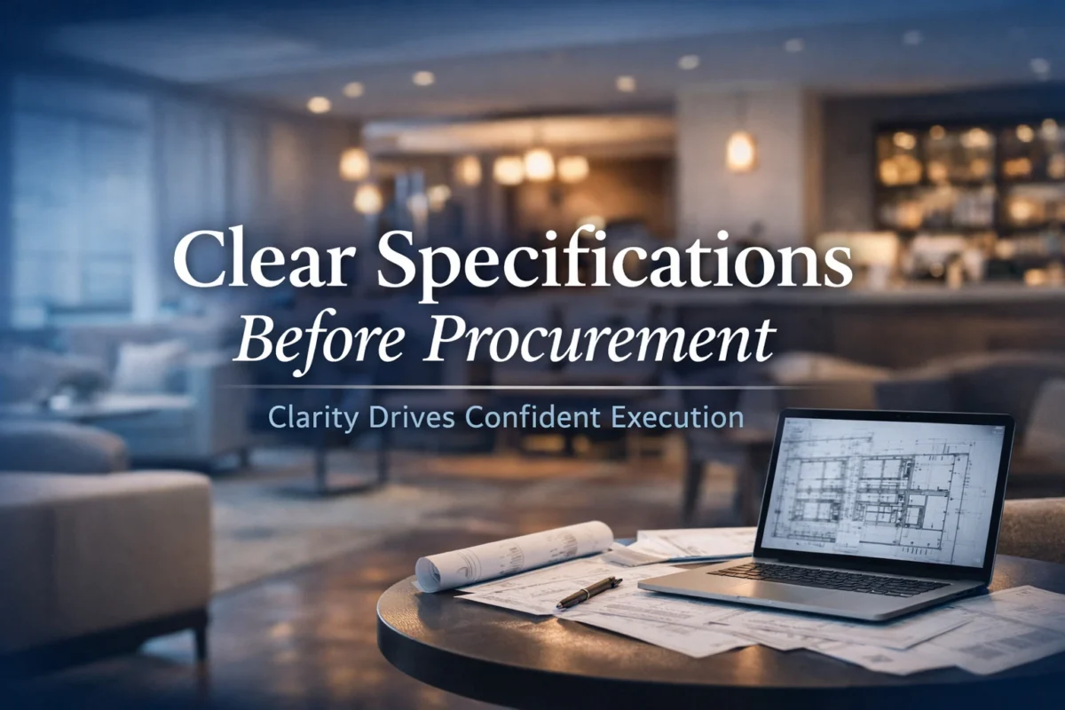 hospitality procurement planning scene with clear specifications before procurement supporting budget accuracy and timeline alignment