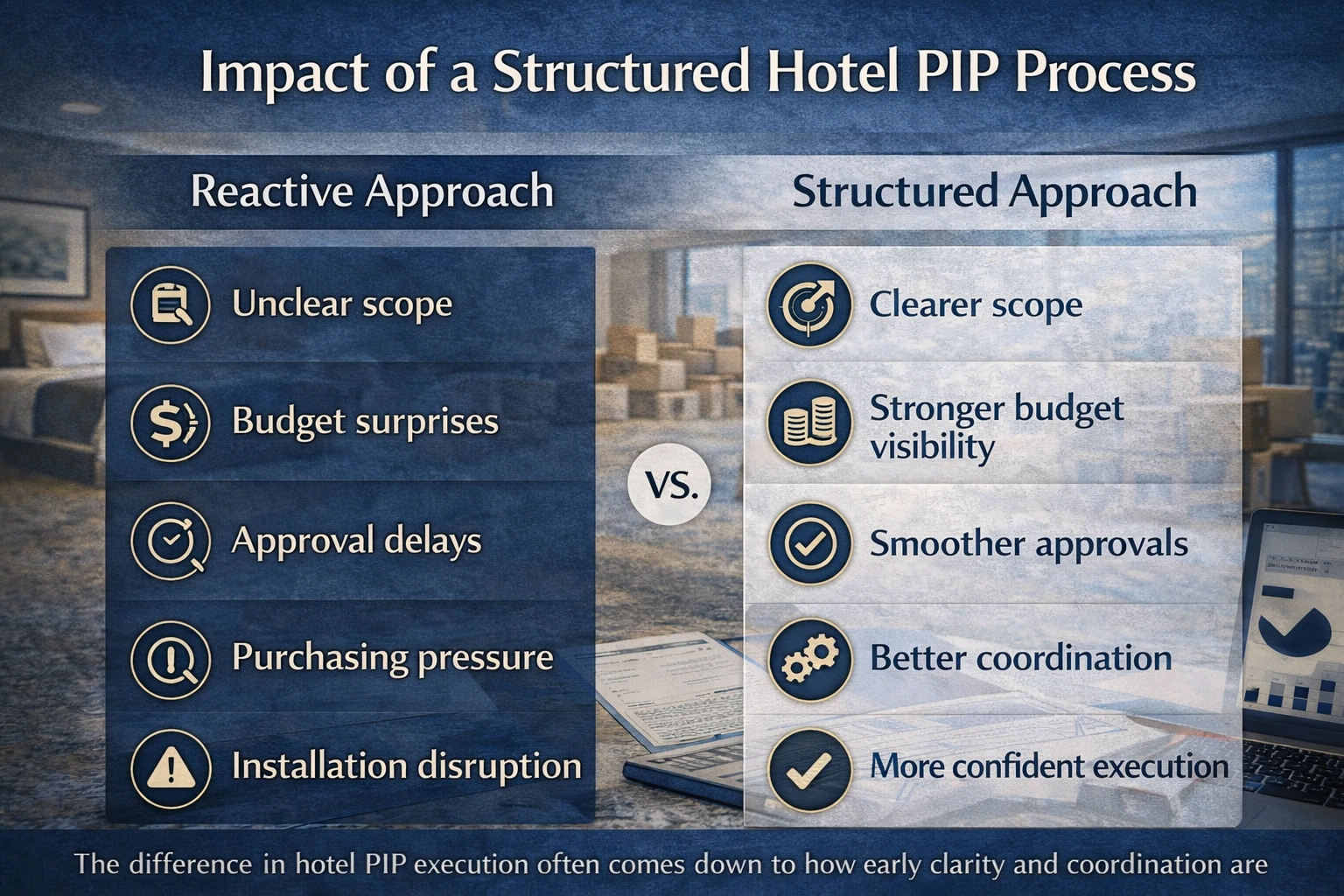 comparison graphic showing reactive versus structured hotel PIP execution in hospitality projects