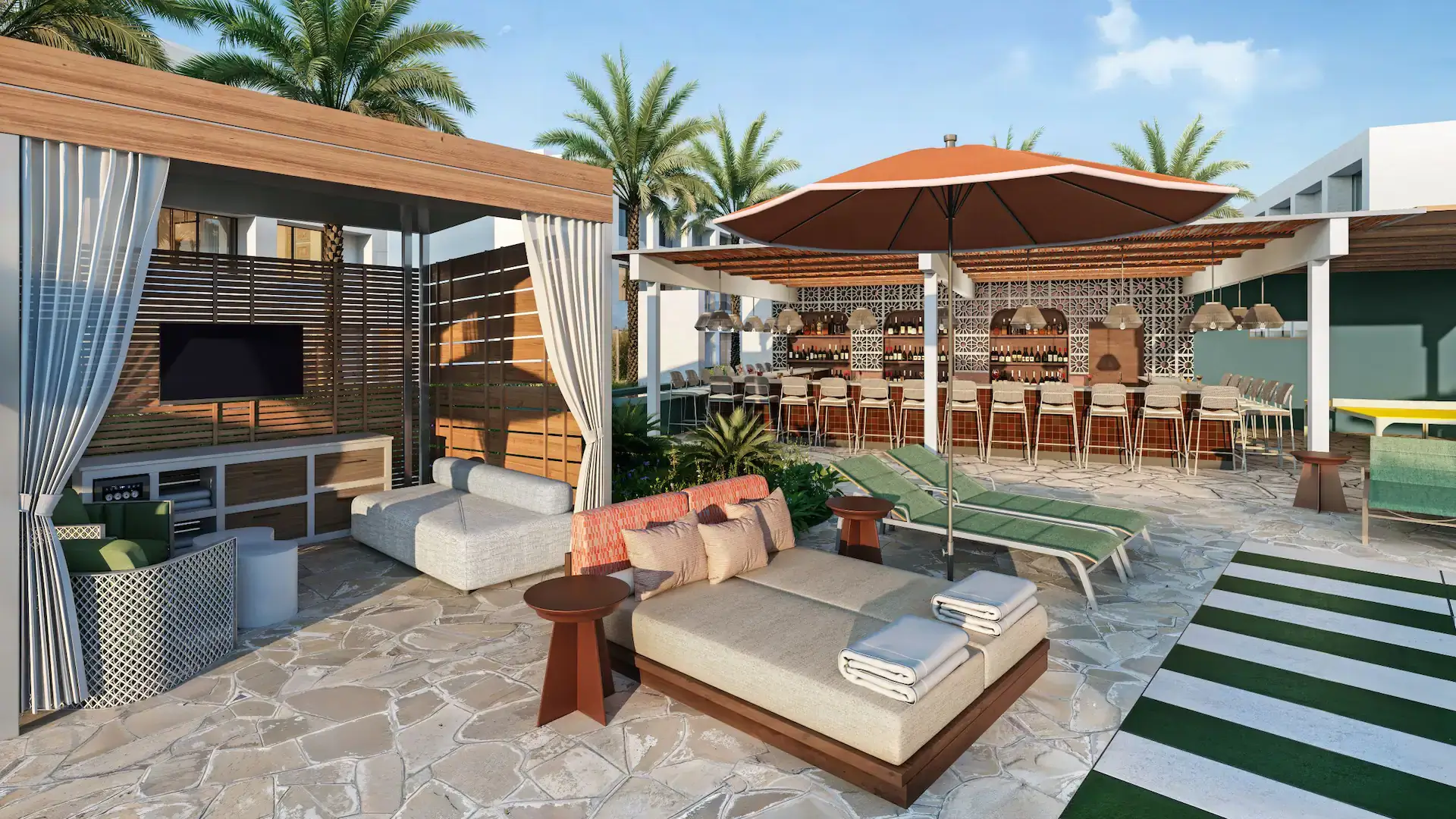 Luxury hotel outdoor terrace furnished with Akula Living outdoor hospitality furniture creating inviting guest gathering spaces.