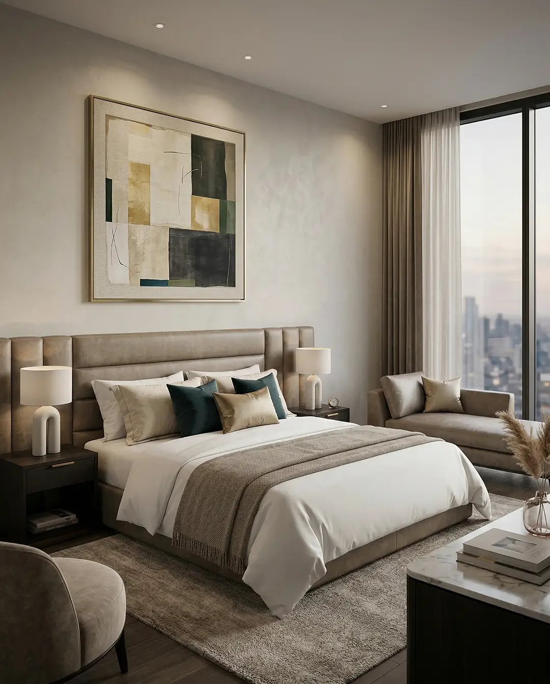 Luxury hotel suite featuring Valley Forge Fabrics hospitality performance textiles across upholstered seating, decorative fabrics, and soft finishes that create a refined guest experience.